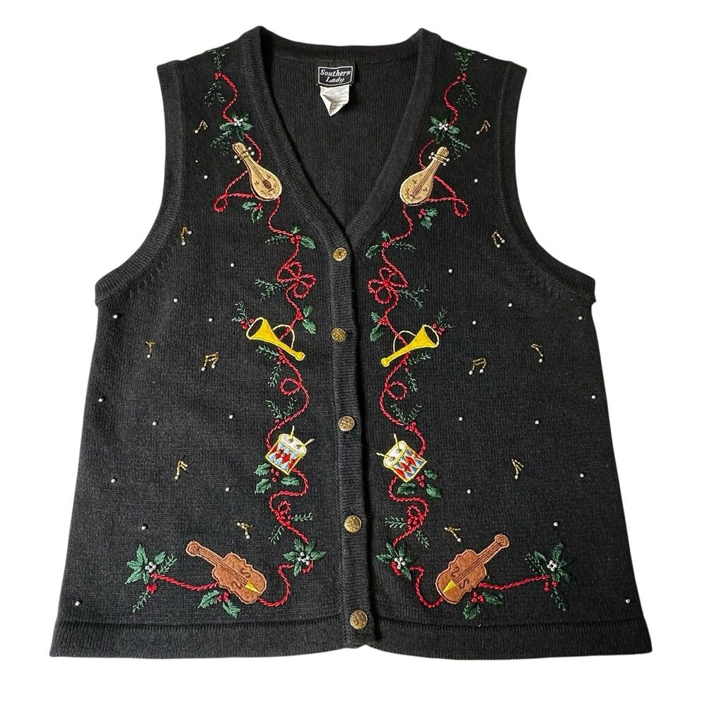 Vtg Southern Lady Womens Sweater Vest M Black Music Notes Trumpet Drum Christmas